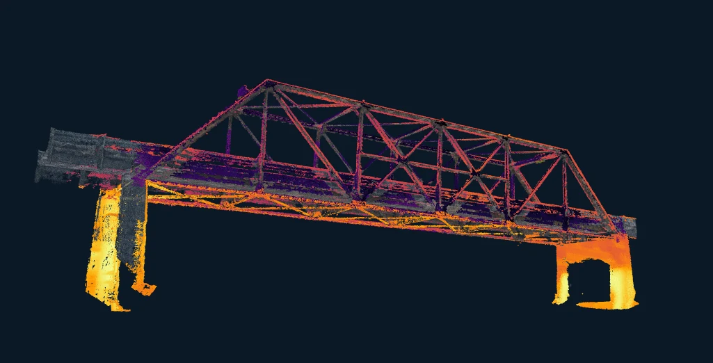Real thermal point cloud of a steel truss bridge, viewed from below the deck