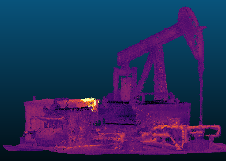 Thermal 3D point cloud of a pumpjack, industrial equipment and connected pipework, with warmer areas visible in yellow and orange